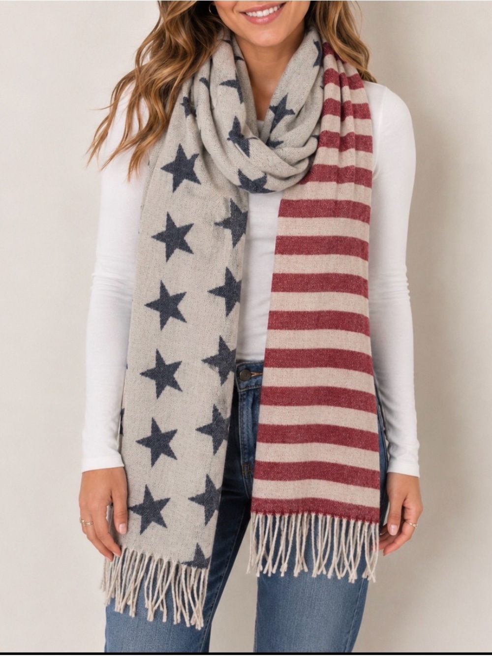 American Eagle Star & Stripe Fringed edge large scarf in Navy and Red flag